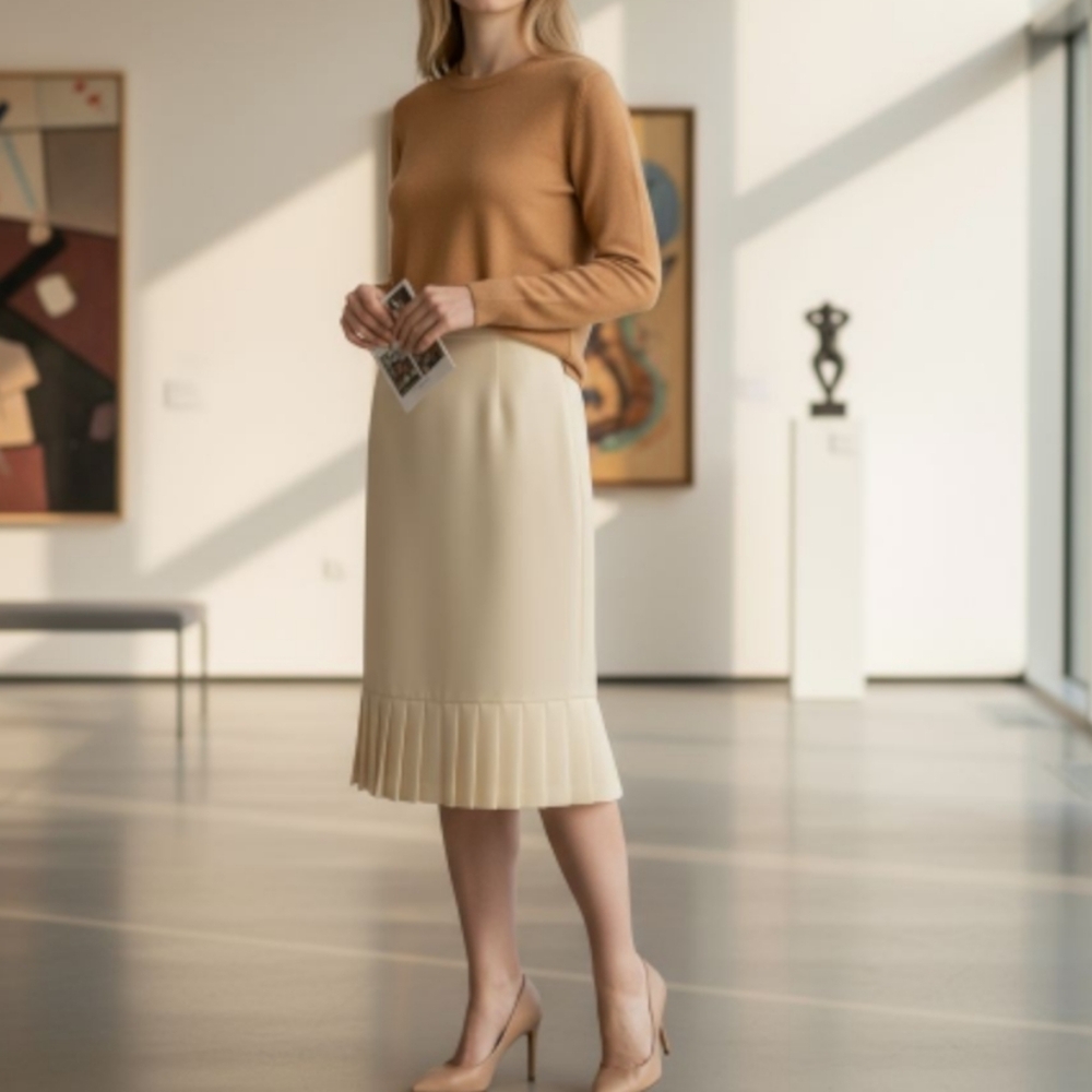 Karen Scott Ivory Crepe Pleated Hem Skirt | Size 12